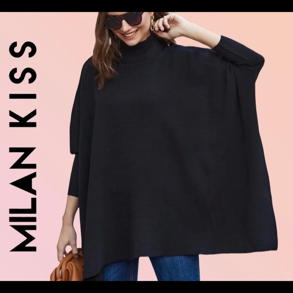 Milan Kiss Sweaters - 🏷 NWT MILAN KISS Woman’s Black Mock Neck Oversize Dolman Poncho XL